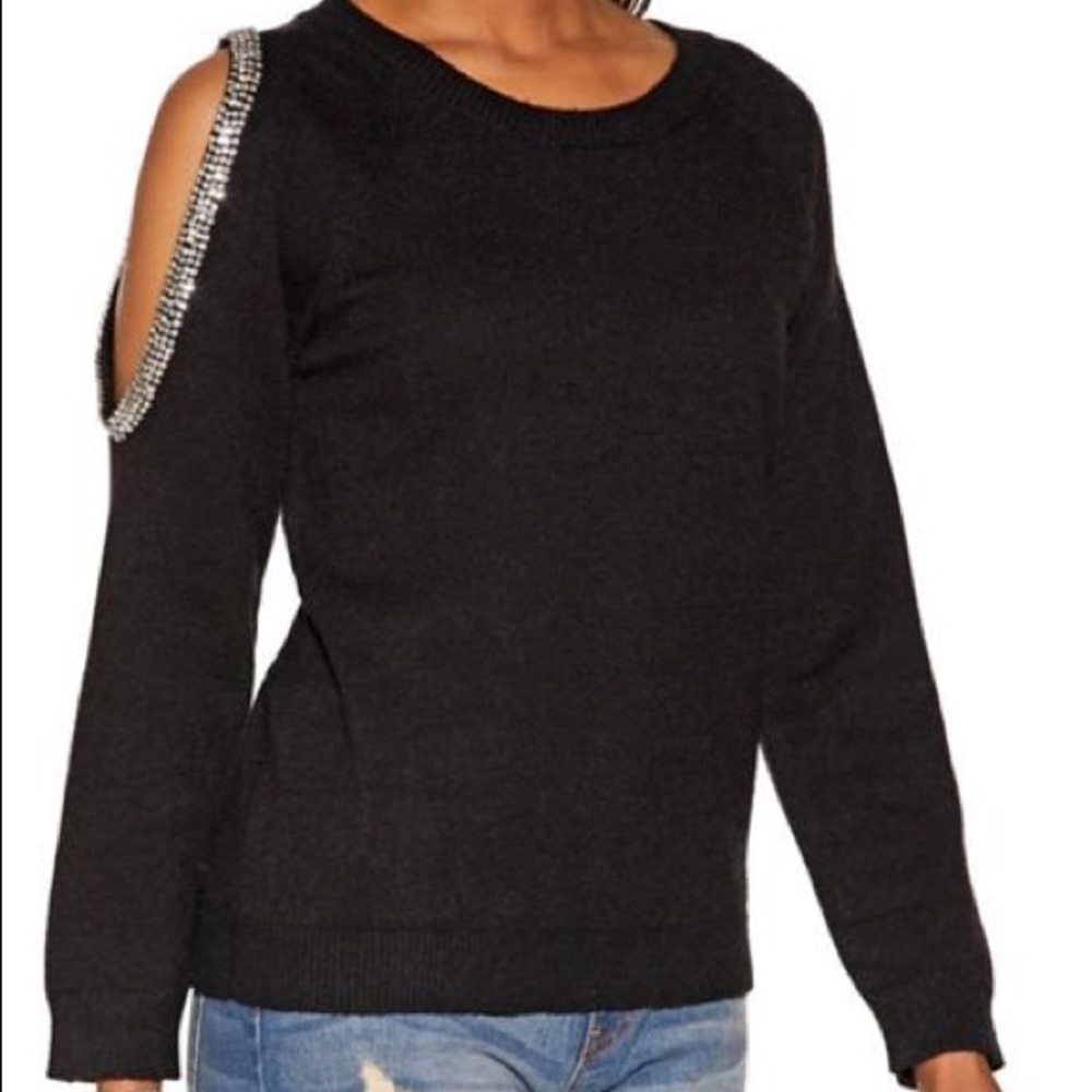Jeweled Cold Shoulder Asymmetric Sweater. Size M